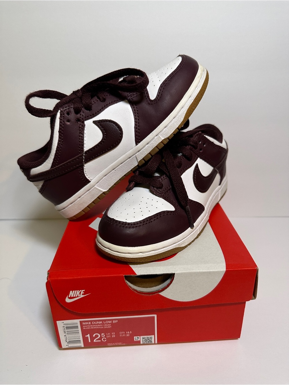 Nike Dunk Low Burgundy Crush White Kids – Size 12.5C – With Box